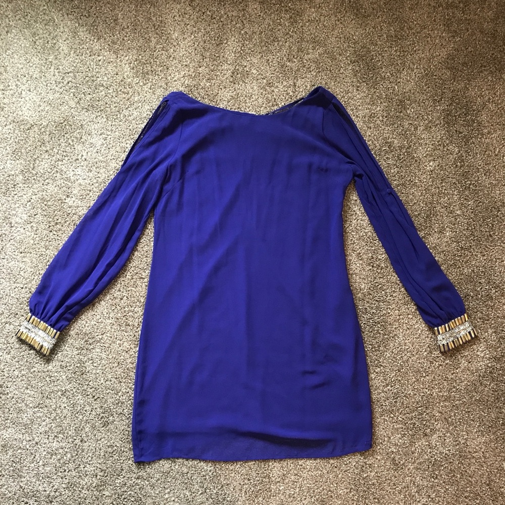 Cobalt blue slit sleeve dress w/ embellished cuffs